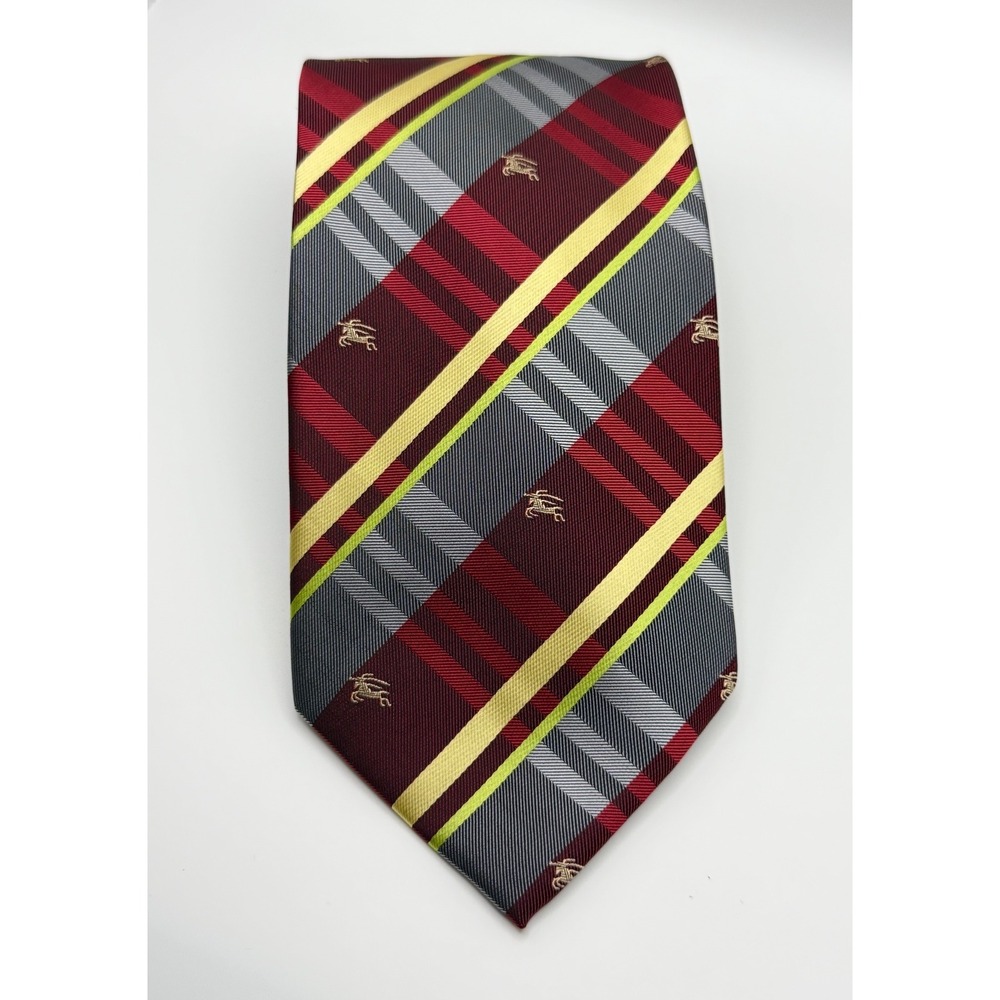 Burberry London Men's 100% Silk Tie Plaid Equestrian Knight Logo Italy Burgundy